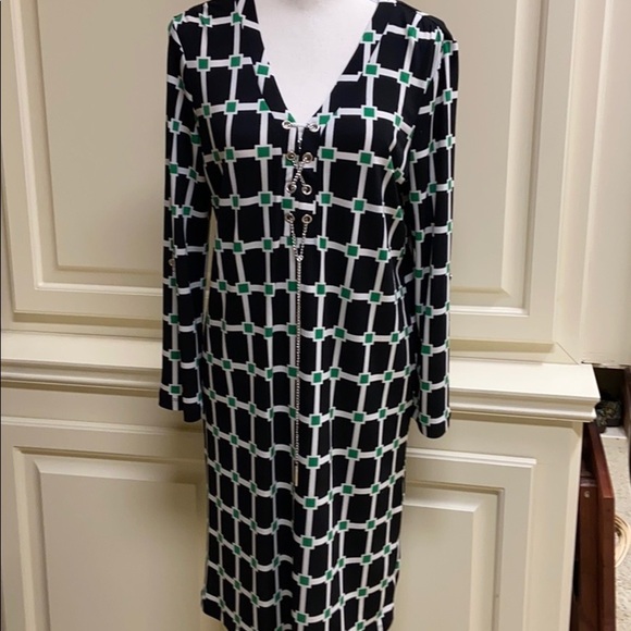 Jules & Leopold Black Green Geometric Belted Midi Dress Silver Chain Detail Sz S - Picture 12 of 14